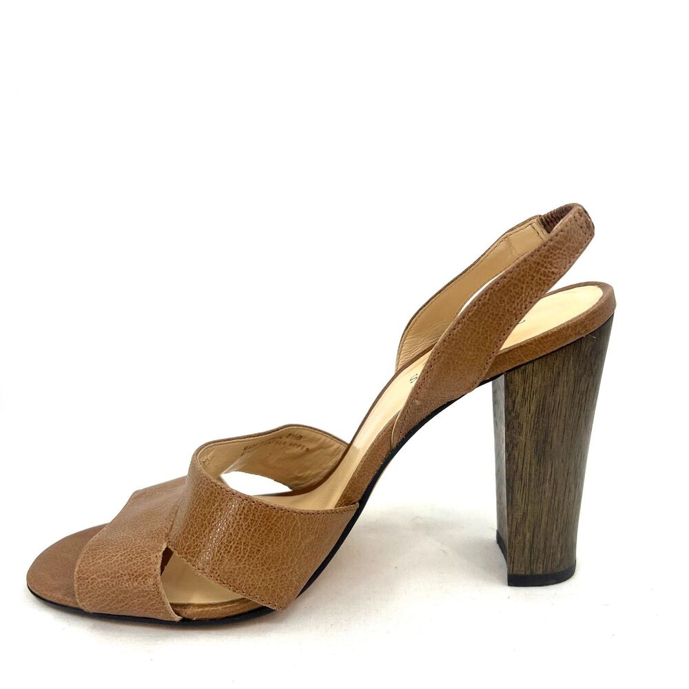 Talbots Womens 8.5 B Tan Leather Slingback Block Wood Heel Sandals Brazil